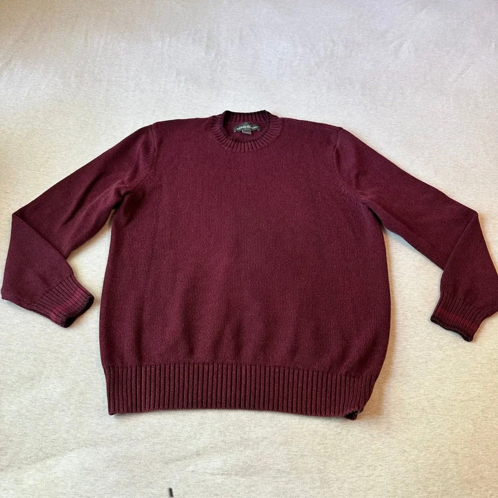 Eddie Bauer Mens‎ Large Burgundy Maroon 100% Cotton Crewneck Knit Sweater L